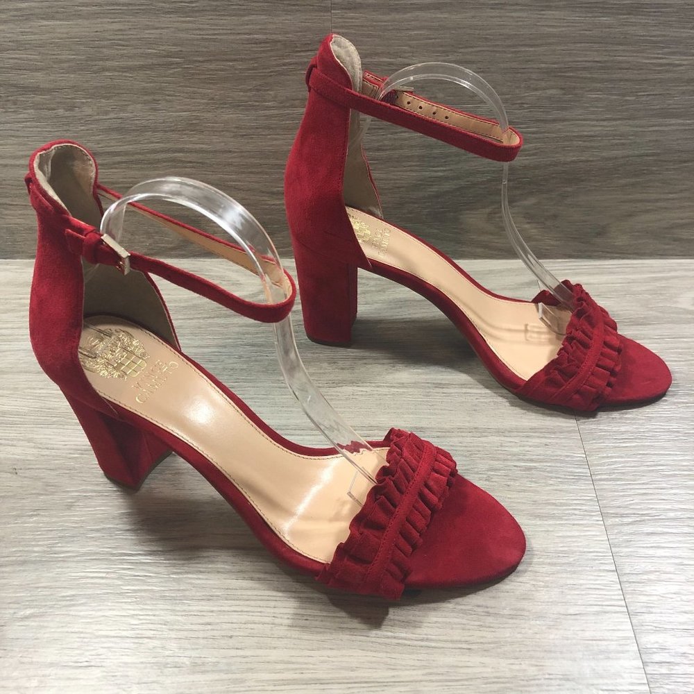 Women's Vince Camuto Red Cralista Ankle Strap Suede Open Toe Heel - Size 11M